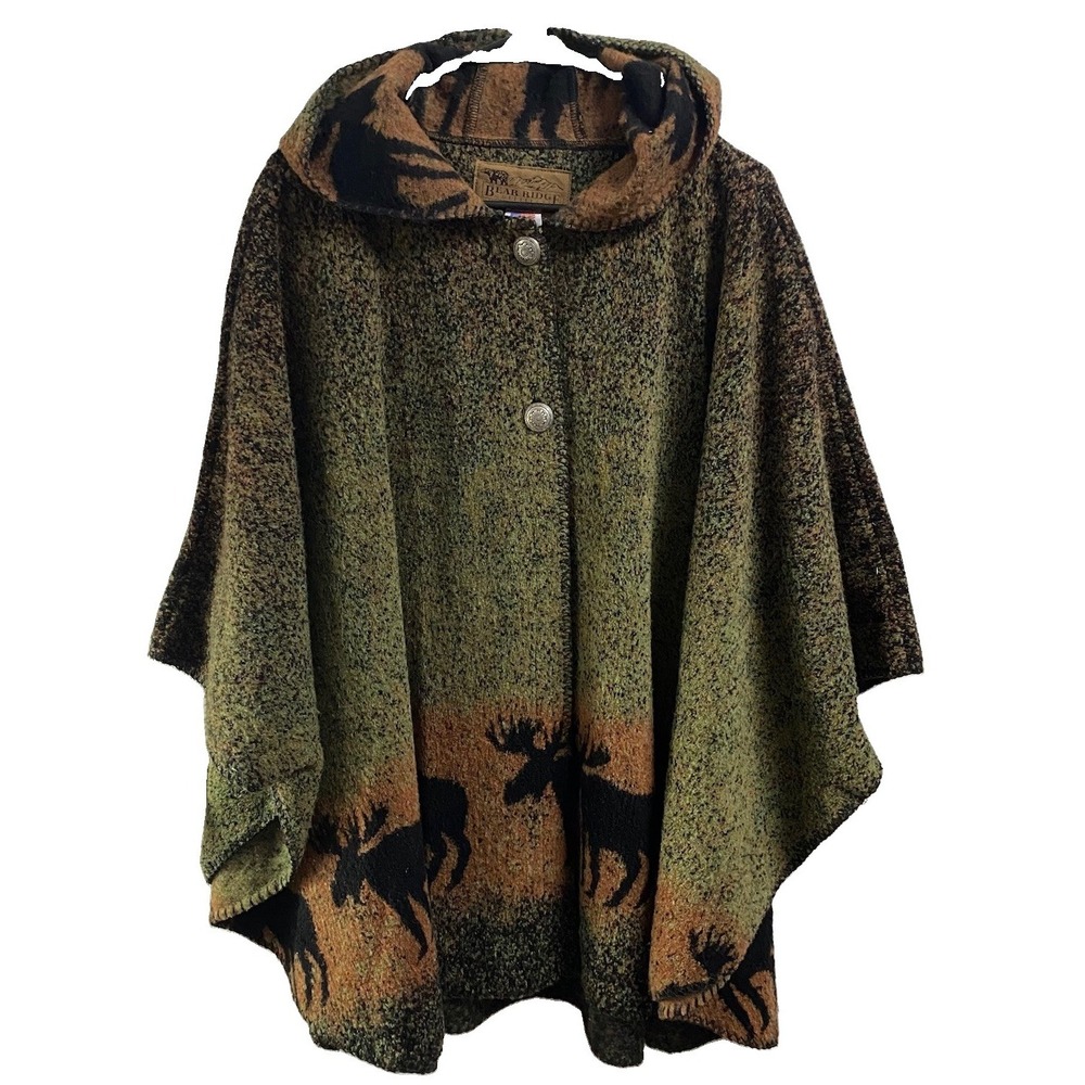 Bear Ridge Outfitters Women Hooded Poncho Olive Green Moose Adirondacks EUC S-L